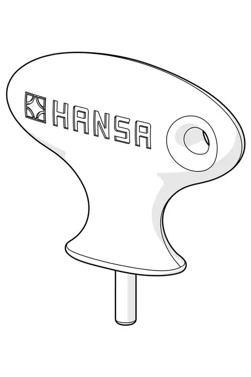 Schlüssel von HANSA mit einer geschwungenen Form und einem Stift zur Befestigung. Das Design ist einfach und funktional, ohne zusätzliche Verzierungen.